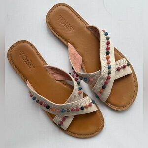 Toms Beige Sandal with Multicolor Pom Trim